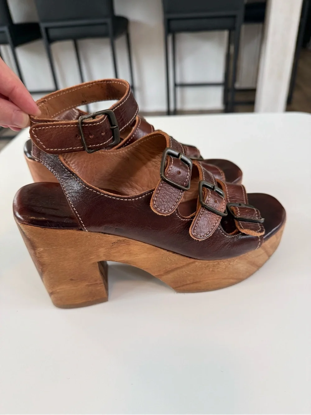 Bed Stu Brown Leather Platform Buckle Sandals